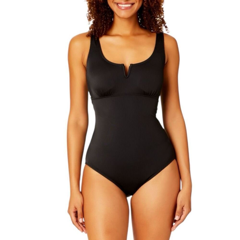 Anne Cole Limited Edition Square Neck Ribbed One Piece Swimsuit Color Black Size